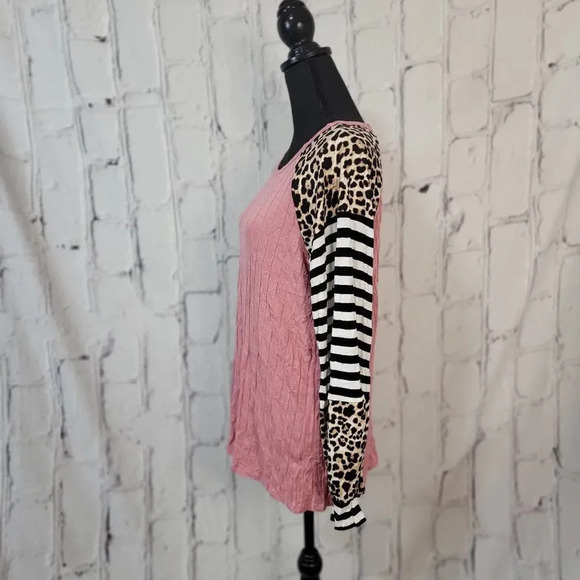 LONG Sleeve Pink‎ Leopard Print Striped Color Block Pullover Balloon Sleeve, M - Picture 4 of 7